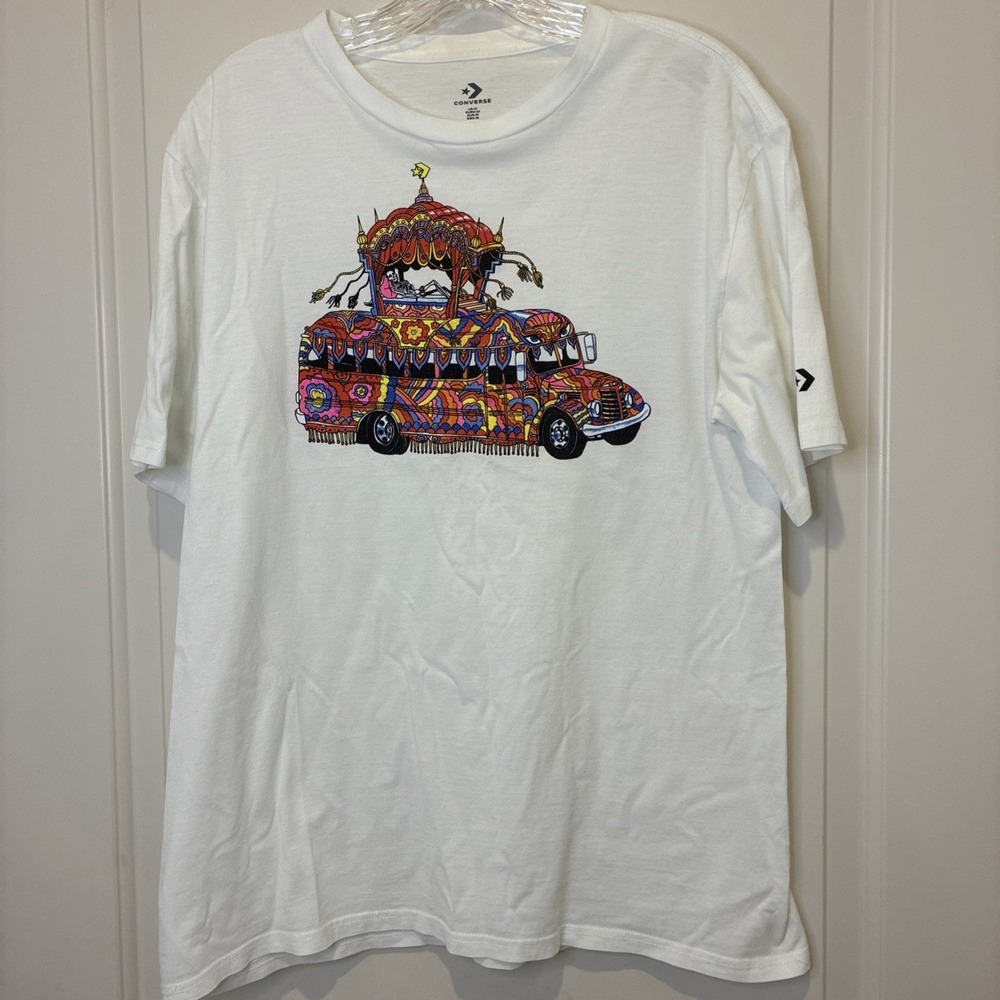 Converse Mens Psychedelic Bus Graphic T-Shirt White Cotton Crewneck Medium